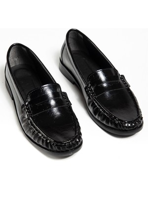Tonny Black Kadın Siyah Termo Kaymaz Taban Loafer Oxford Ayakkabı Düz Taban Konforlu Tasarım