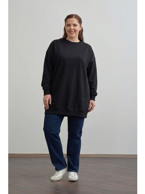ALLDAY Siyah-Pamuklu Kaşkorse Detaylı Büyük Beden Sweatshirt