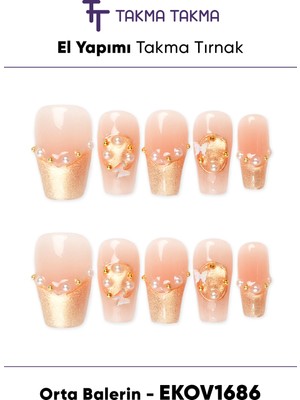 Takma Takma EKOV1686 Orta Balerin 10'lu Tekrar Kullanılabilir El Yapımı Protez Takma Tırnak Renkli-M