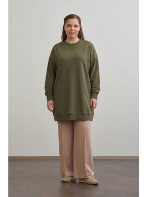ALLDAY Haki-Pamuklu Kaşkorse Detaylı Büyük Beden Sweatshirt