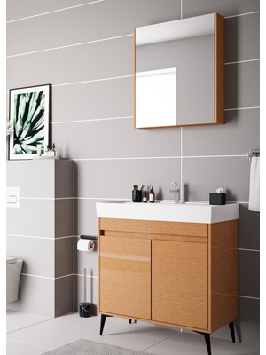 Akademik Mimarlık Akademik Banyo Sharp 80 cm Lavabolu Mdf Banyo Dolabı Seti - Bambu Renk