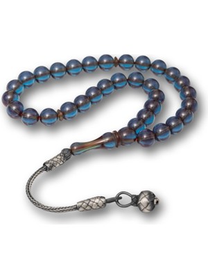 Norino Gümüş Top Kazaz Püsküllü Şeffaf Mavi Sıkma Kehribar Tesbih