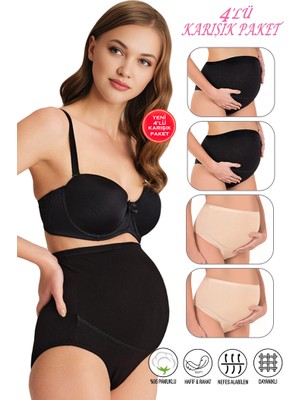 Özkan Underwear Özkan 23582 4'lü Paket Kadın 2 Siyah 2 Ten Karışık Paket Pamuklu Likralı Süprem Hamile Lohusa Yüksek Bel Bato Külot