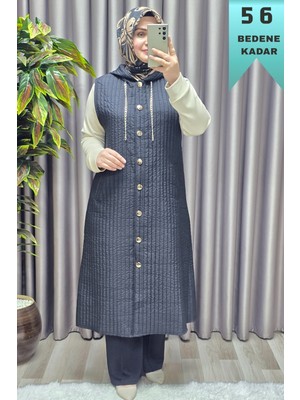 Elmas Tesettür Kadın Giyim Büyük Beden Kapşonlu Zincir Detaylı Ray Desen Kapitone Yelek