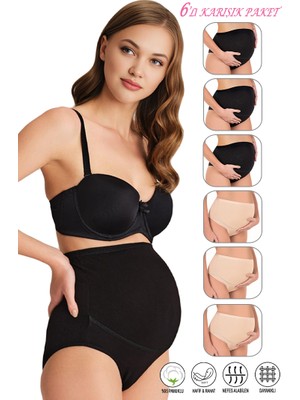 Özkan Underwear Özkan 23582 6'lı Paket Kadın 3 Siyah 3 Ten Rengi Pamuklu Likralı Süprem Hamile Lohusa Yüksek Bel Bato Külot