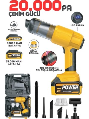 Auhma Ahv-21 20.000PA Şarjlı Araç Süpürgesi ve Hava Üfleyici - Çift Bataryalı Metal Filtreli  Set-Sarı