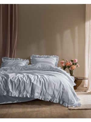 Madame Coco Obernai Tek Kişilik %100 Pamuk Fırfırlı Düz Yıkamalı Nevresim Takımı - Mavi