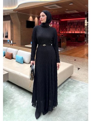 Molly Nelly Kadın Dantel Astarlı Kemerli Uzun Elbise