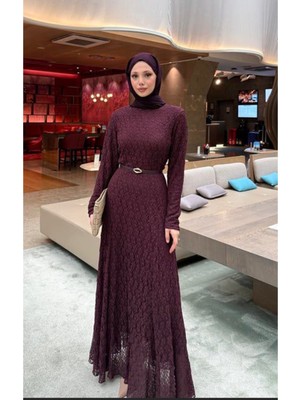 Molly Nelly Kadın Dantel Astarlı Kemerli Uzun Elbise