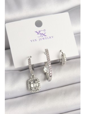 Skygo Pirinç Gümüş Renk Zirkon Taşlı Baget Halka Model 3'lü Kadın Kombin Küpe - TJ-BKP10466