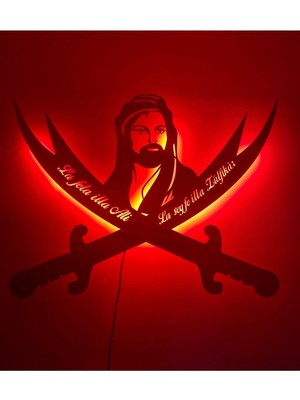PremiumPort LED Işıklı Hz. Ali Zülfikar Tablo, Kırmızı Renkli Dekorasyon Parçası