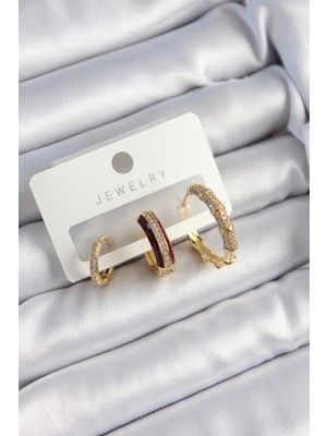 Skygo Pirinç Zirkon Taşlı Bordo Halka Model Gold Renk 3'lü Çift Kadın Küpe Set - TJ-BKP10834
