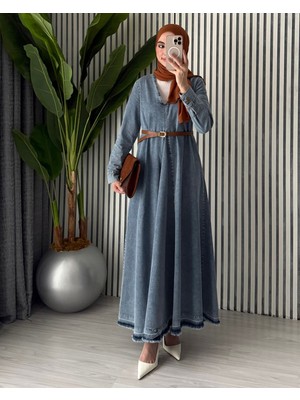 Molly Nelly Kadın V Yaka Pile Detaylı Oversize Kot Tesettür Elbise