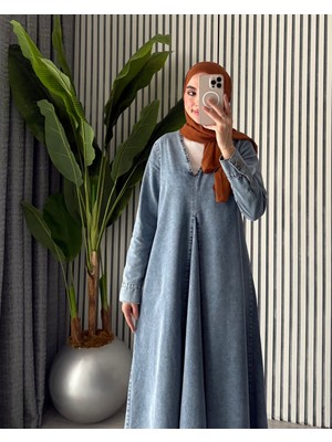 Molly Nelly Kadın V Yaka Pile Detaylı Oversize Kot Tesettür Elbise