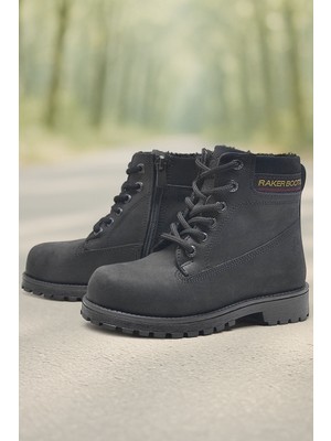 Rakerplus Hakiki Deri Siyah Nubuk Fermuarlı Kışlık Çocuk Bot
