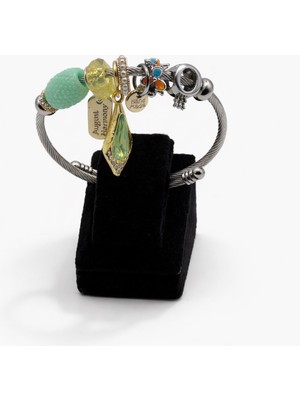 Pangu Yeşil Boncuk & Sarı Taş Detaylı Gümüş Renk Çelik Charm Bileklik