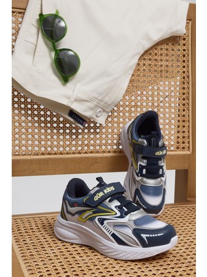 Tonny Black Çocuk Unisex Lacivert Sarı Eva Faylon Taban Cırtlı Lastik Bağcıklı Spor Ayakkabı