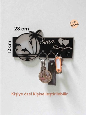 Frezya Palmiye Deniz Görseli Ahşap Anahtarlık Askısı | Duvar Tipi Anahtar Organizer 23X12CM 6mm Mdf