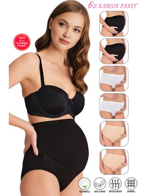 Özkan Underwear Özkan 23582 6'lı Paket Kadın 2 Siyah 2 Beyaz 2 Ten Karışık Renk Pamuklu Likralı Süprem Hamile Lohusa Yüksek Bel Bato Külot