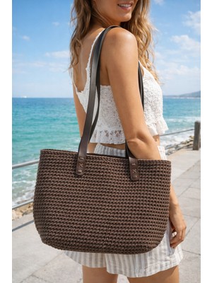 Be Beauty El Örgüsü Kadın Omuz Çantası - Kahverengi Renk Polyester Makrome Plaj ve Günlük Çanta