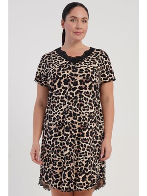 Vienetta Kadın Büyük Beden Dantelli Leopar Desenli Kısa Kol Gecelik Tunik C2T3N0805