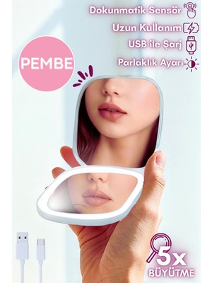 PremiumPort Işıklı Büyüteçli Katlanabilir Cep Aynası, USB Şarjlı, Dokunmatik, Seyahat Için