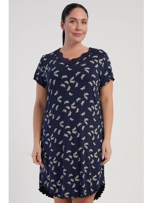 Vienetta Kadın Büyük Beden Dantelli Yaka Kısa Kol Lacivert Gecelik Tunik C8T3N0805