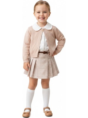 Lumia Kız Çocuk Şort Etekli Gömlekli Triko Hırkalı 3 Parça Takım