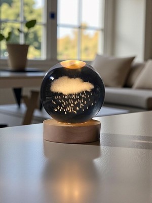 Hediye Fikri Kişiye Özel Işıklı Ahşap Kaideli Yağmur Bulutu Cam Küre 6 cm