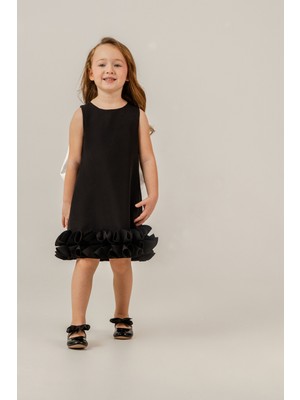 Eray Kids Kız Çocuk Fırfır Detaylı Fiyonklu Siyah Özel Gün Doğum Günü Düğün Abiye Elbise (4-5-6-7 Yaş)