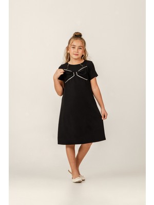 Eray Kids Kız Çocuk Fiyonk Detaylı Kısa Kollu Siyah Özel Gün Doğum Günü Düğün Abiye Elbise (9-10-11-12 Yaş)