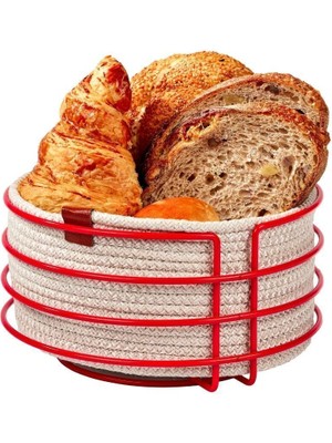 Özbience Yılbaşı Kırmızı Yuvarlak Ekmek Sepeti Şık, Hasır Örmeli Makrome, Çok Amaçlı Metal