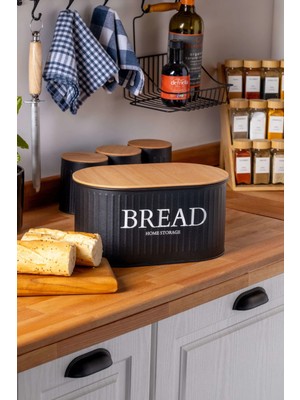 Özbience Ahşap Kapaklı Metal Ekmeklik, Hava Almaz Retro Tasarım 32X19X17CM