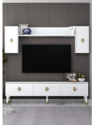 Demonte Decor 1378TV180DD-32 Tv Sehpası,tv Ünitesi Beyaz-Altın
