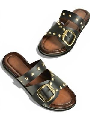 Fox Shoes Y390450703 Siyah Hakiki Deri Zımba Detaylı Kadın Terlik