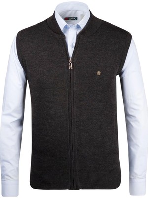 Çizgi Triko Erkek Triko Yelek Fermuarlı Cepli Çelik Örgü Triko Klasik Kalıp - 4241J