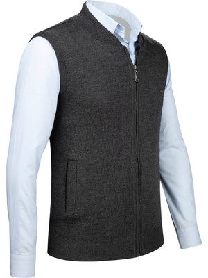 Çizgi Triko Erkek Triko Yelek Fermuarlı Cepli Çelik Örgü Triko Klasik Kalıp - 4241J