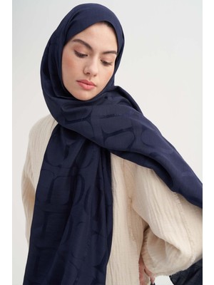 Carell Monogram Desen Rina Floş Jakar Şal Koyu Lacivert