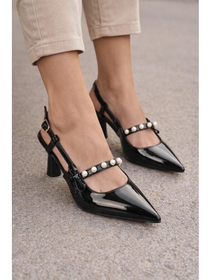 ModaOnn Kadın Sivri Burun Inci Detaylı Slingback Ince Topuk Rugan Ayakkabı