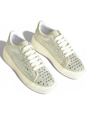 Fox Shoes Y444708402 Gümüş Süet Taş Detaylı Kadın Spor Ayakkabı Sneakers