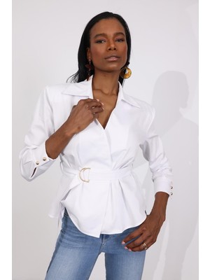 5in1Canpolat Beyaz Kemerli Poplin Gömlek