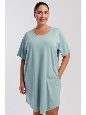 Vienetta Kadın Büyük Beden Rahat Kesim Cepli Kısa Kol Cam Göbeği Gecelik Tunik C5T0N0805