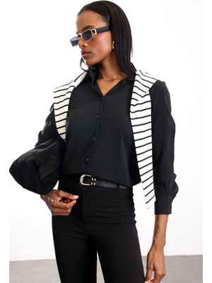 5in1Canpolat Siyah Dökümlü Krep Gömlek 2418