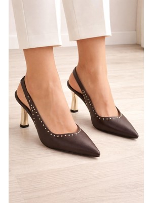 ModaOnn Kadın  Sivri Burun Zımbalı Slingback Ince Topuk Ayakkabı