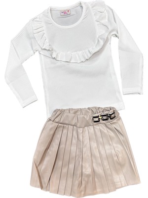 Kız Çocuk Krem Deri Şort Etek + Beyaz Bluz Takım – 2 Parça Günlük ve Şık Kombin