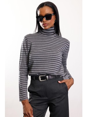 5in1Canpolat Gri Balıkçı Yaka Çizgili Triko 261002