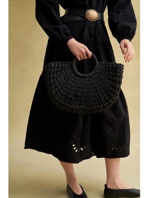 Carell Kulplu Örgü Detay Hasır Çanta Siyah