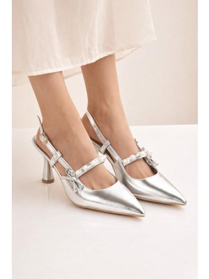 ModaOnn Kadın Sivri Burun Inci Detaylı Slingback Ince Topuk Rugan Ayakkabı