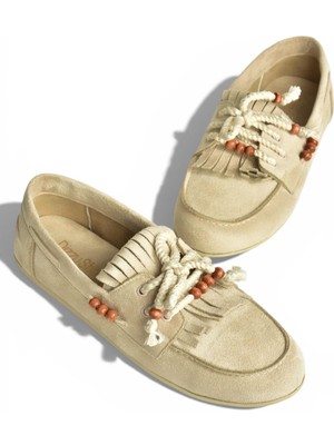 Fox Shoes Y602426202 Bej Süet Boncuk Detaylı Günlük Kadın Ayakkabı
