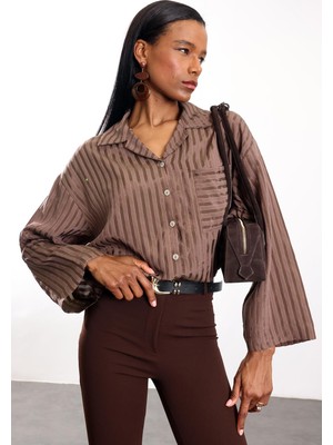 5in1Canpolat Kahverengi Çizgili Dökümlü Gömlek 4998